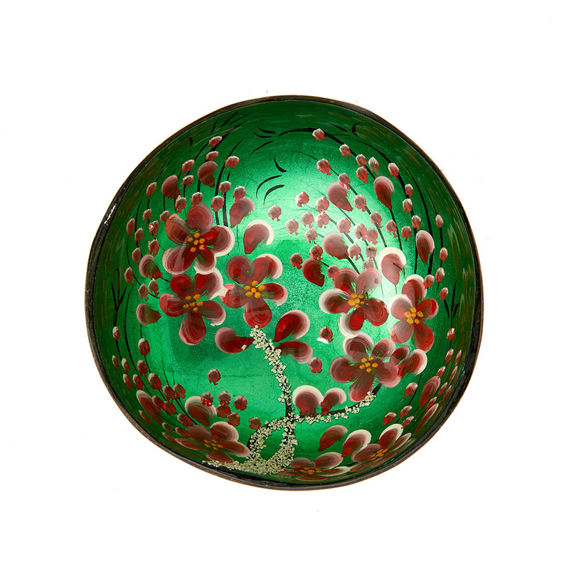 Ciotola di cocco laccata verde fiori rossi