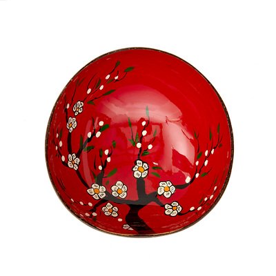 Ciotola di cocco laccata rossa fiori di ciliegio