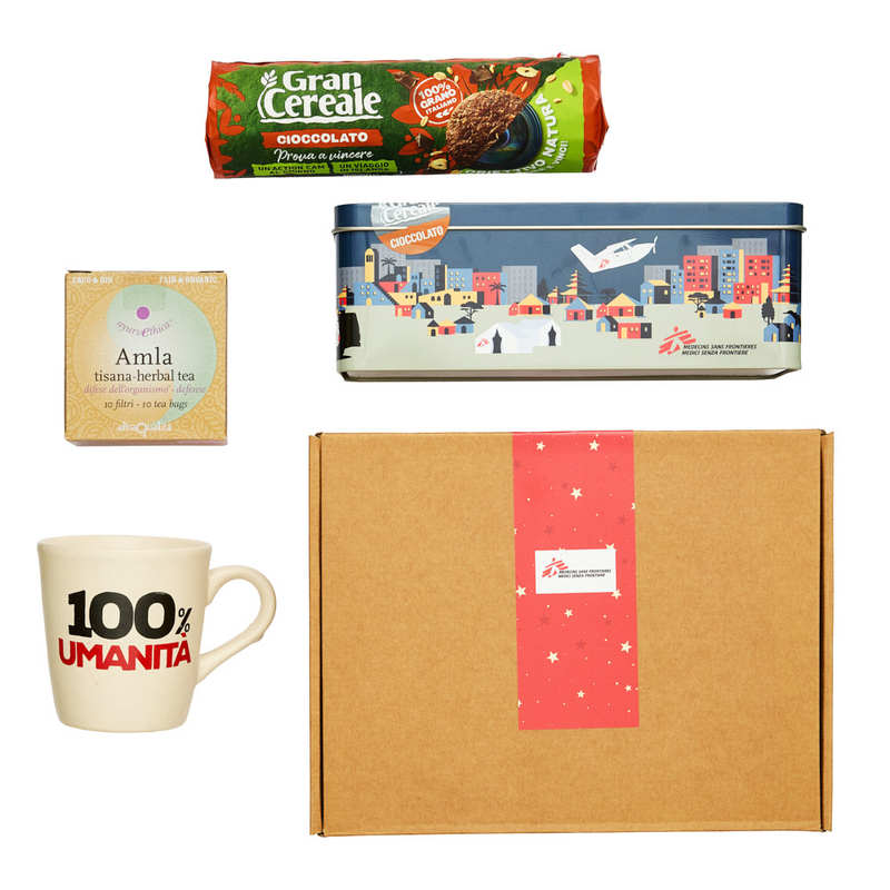 Kit solidale con tazza, tisana e scatola Biscotti Senza Frontiere al cioccolato
