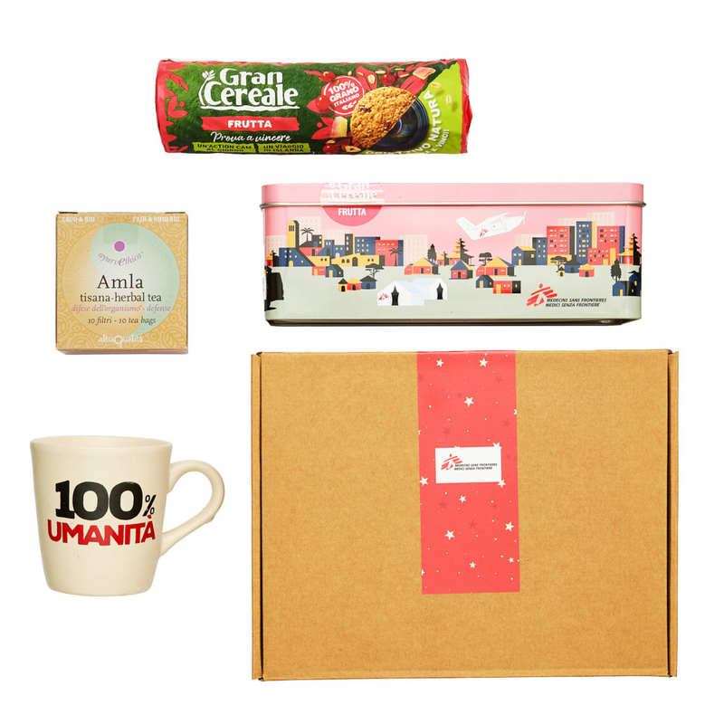 Kit solidale con tazza, tisana e scatola Biscotti Senza Frontiere alla frutta
