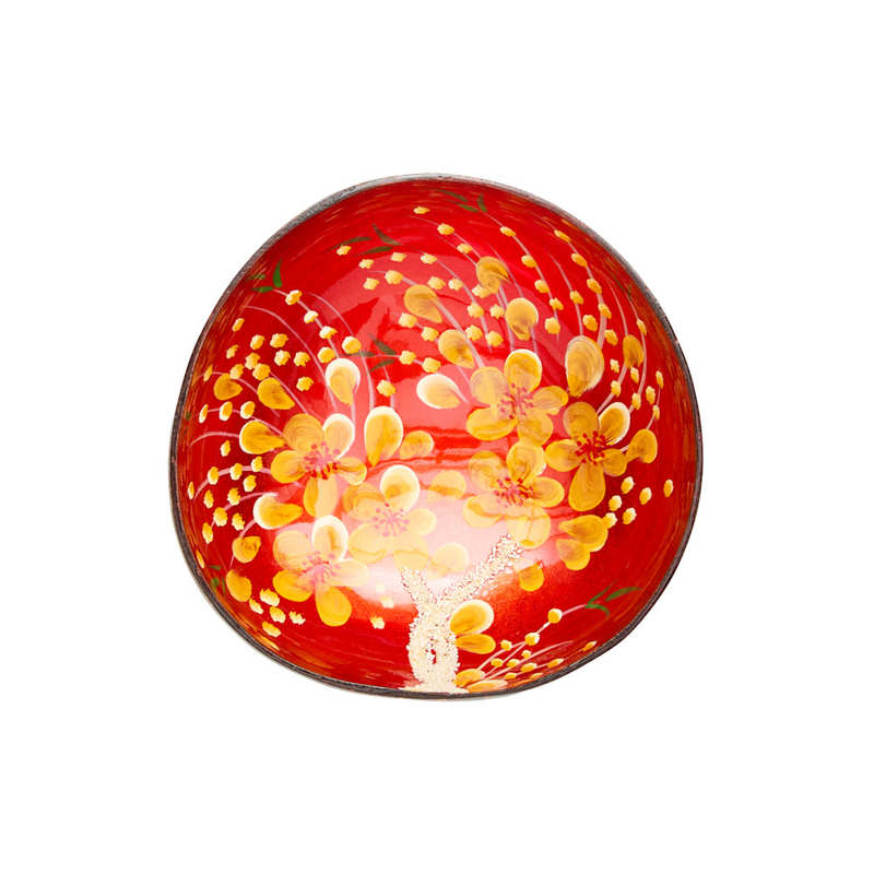 Ciotola di cocco laccata rossa con fiore di pesco