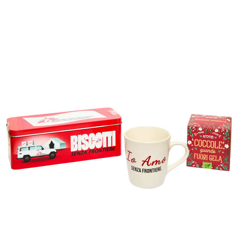 Kit solidale con tazza, tisana e scatola Biscotti Senza Frontiere classici