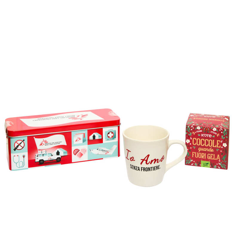 Kit solidale con tazza, tisana e scatola Biscotti Senza Frontiere alla frutta